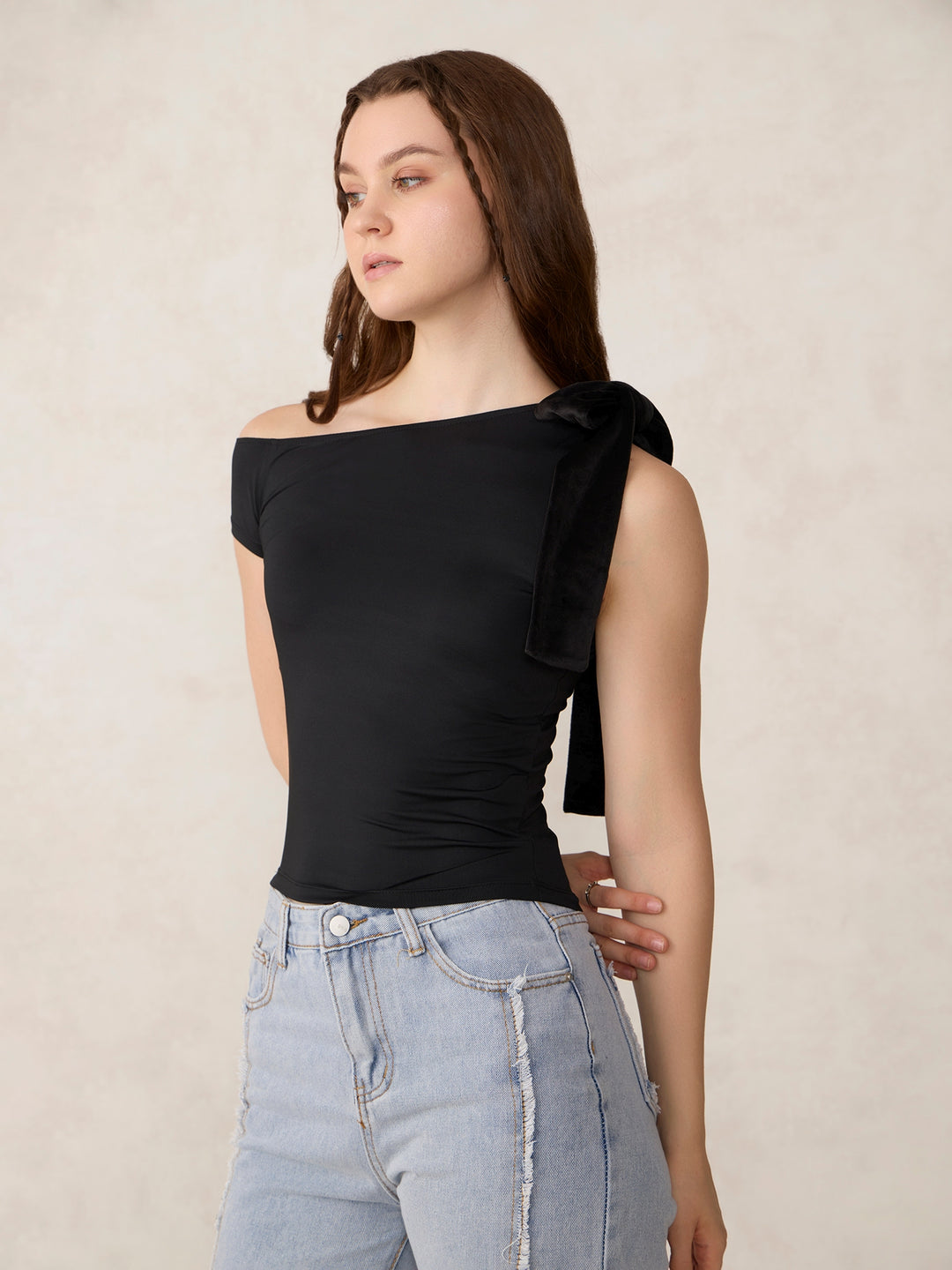 Black Bow Tie Up Knit Top