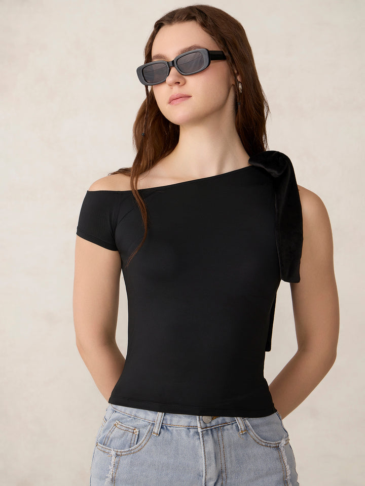 Black Bow Tie Up Knit Top