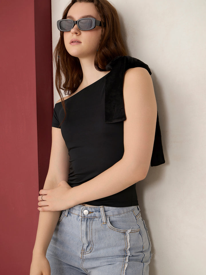 Black Bow Tie Up Knit Top