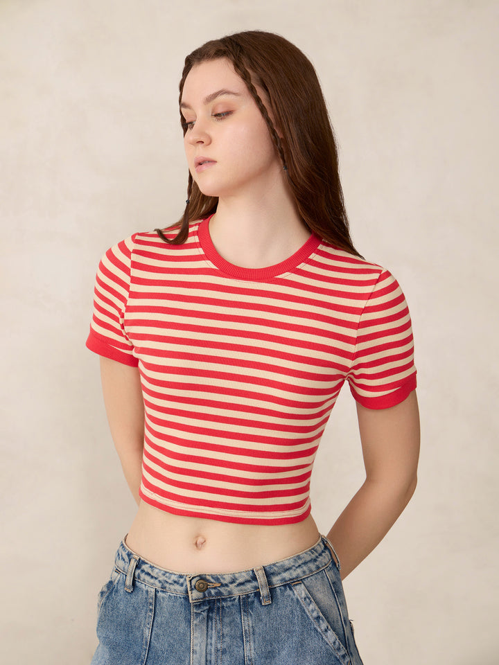 Red Striped Rib Crop Top