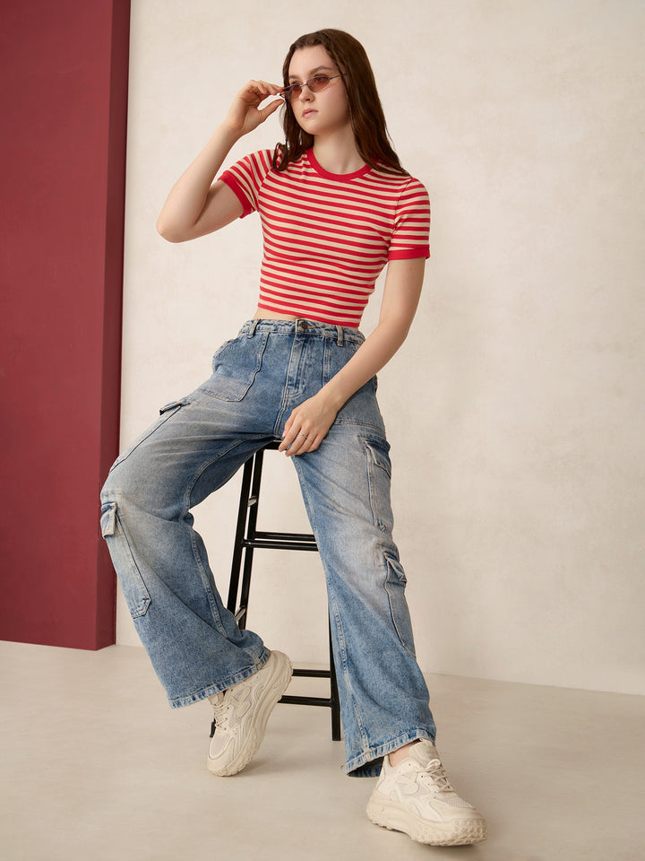 Red Striped Rib Crop Top