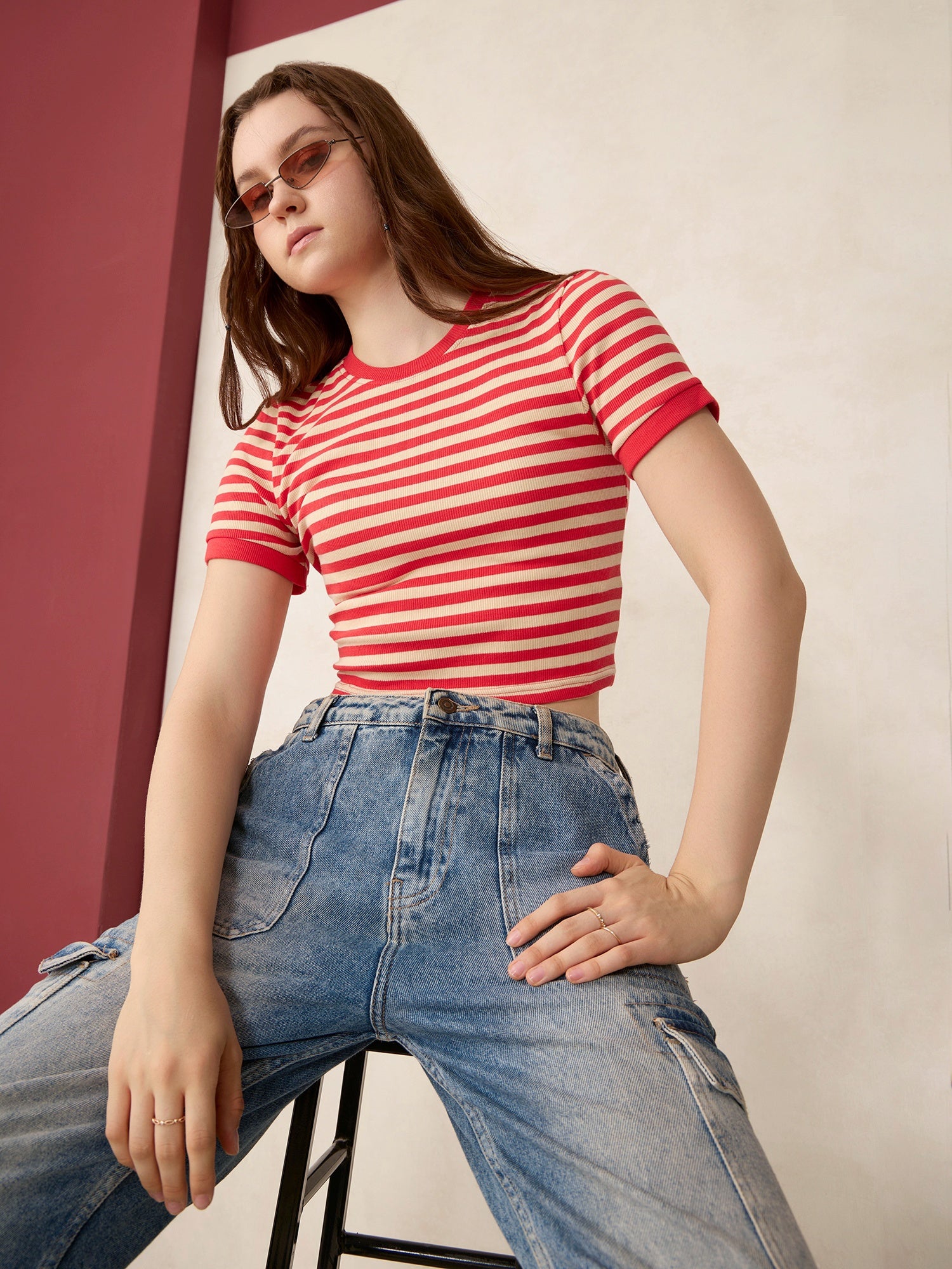 Red Striped Rib Crop Top