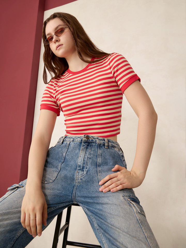 Red Striped Rib Crop Top