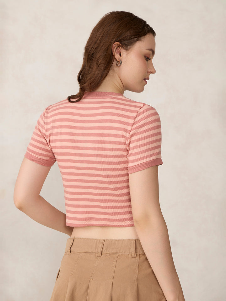 Brown Striped Rib Crop Top