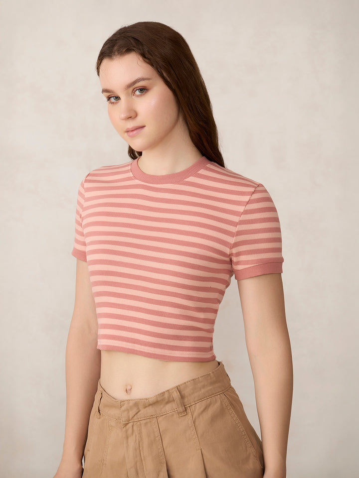 Brown Striped Rib Crop Top