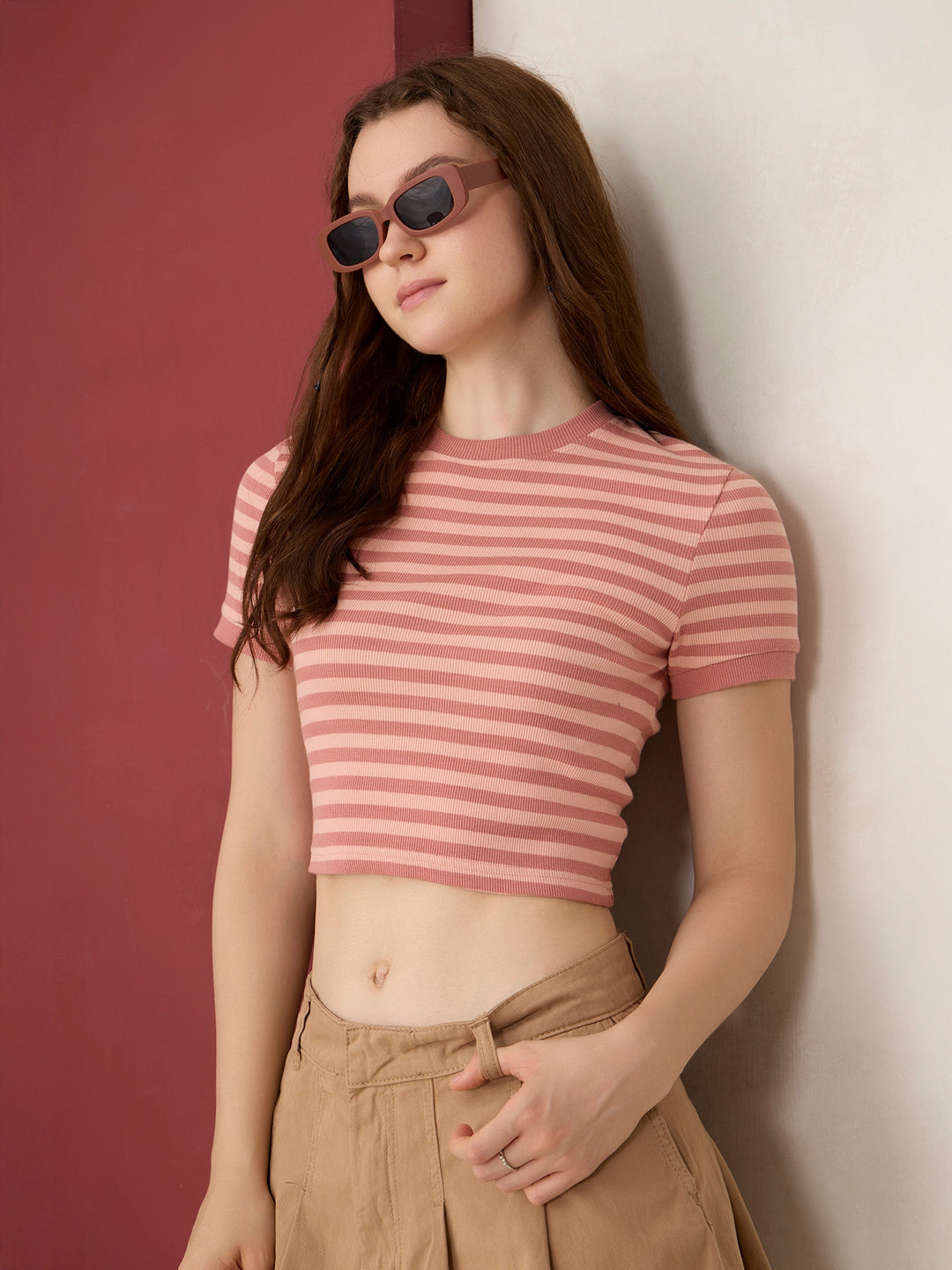 Brown Striped Rib Crop Top