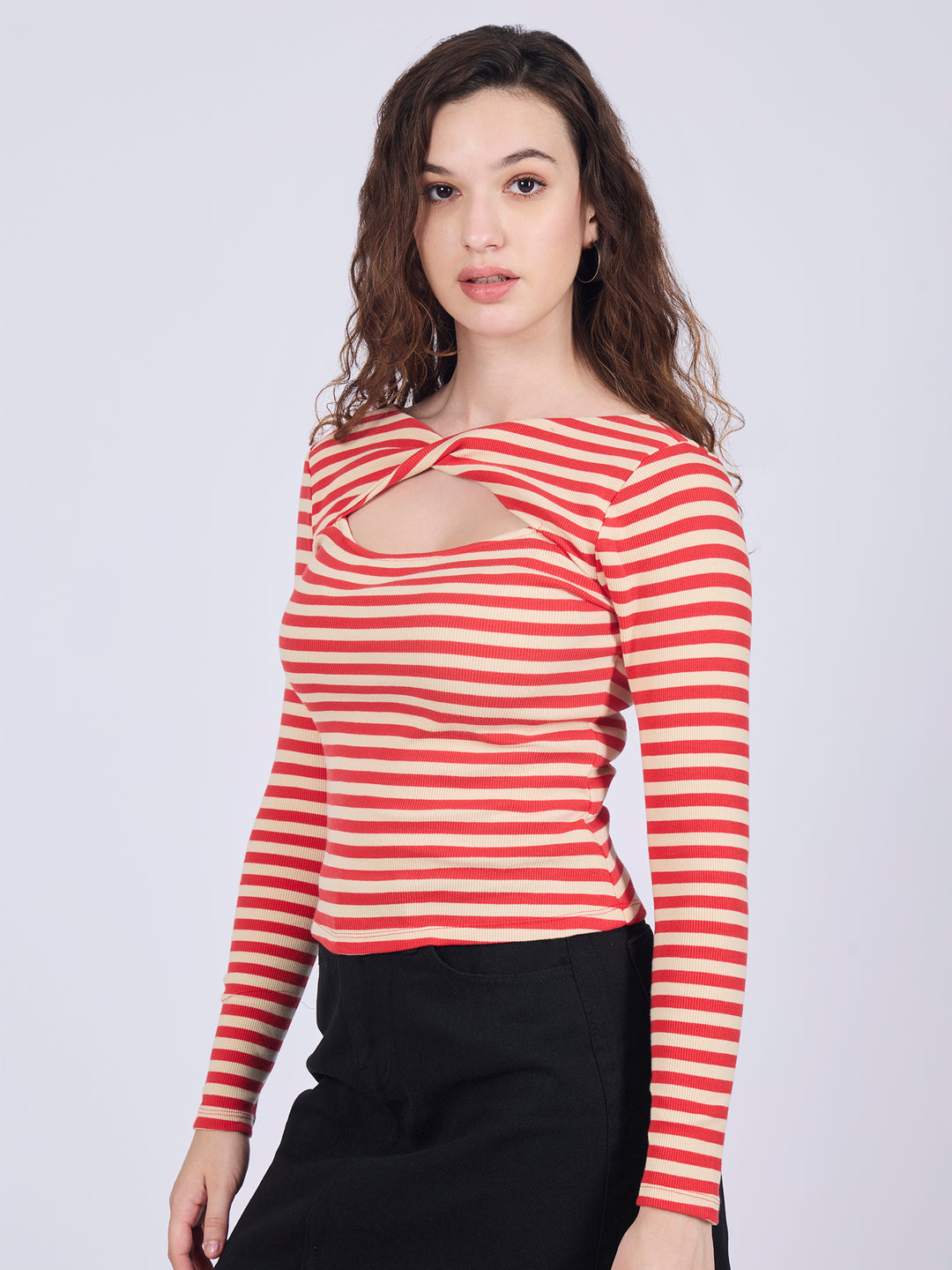 Red Twisted Knit Rib Knit Top