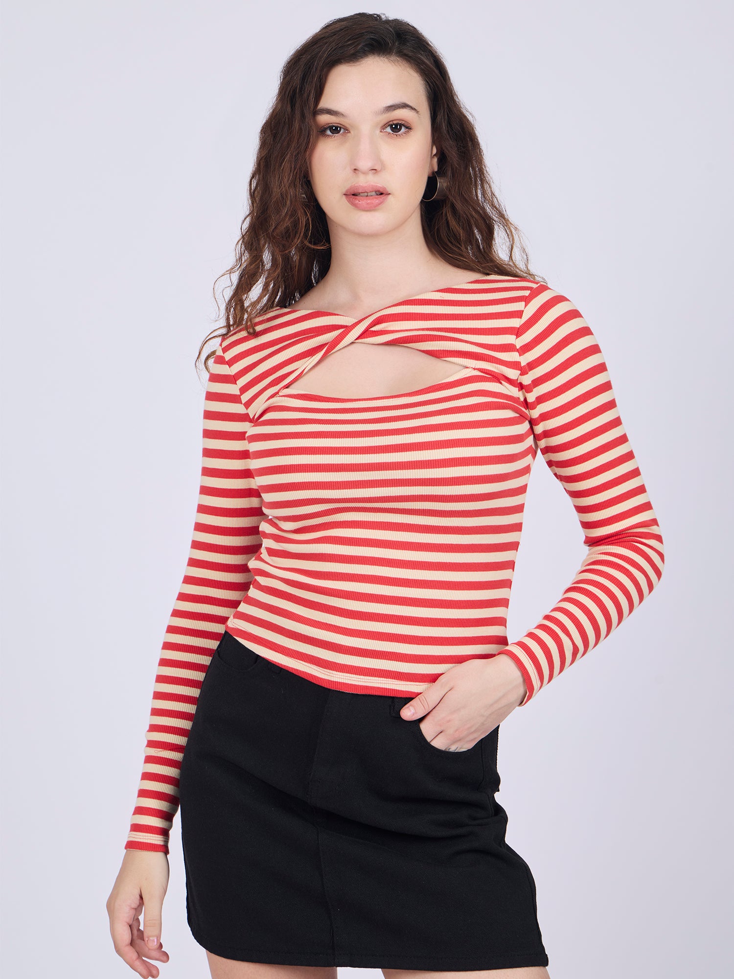 Red Twisted Knit Rib Knit Top