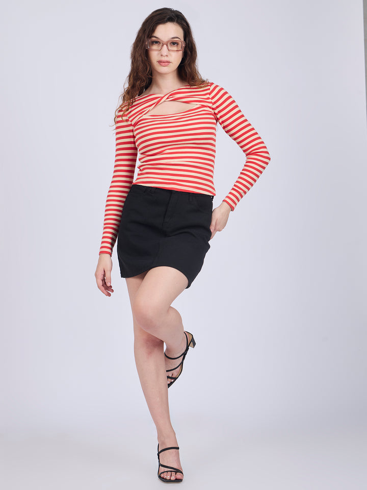 Red Twisted Knit Rib Knit Top