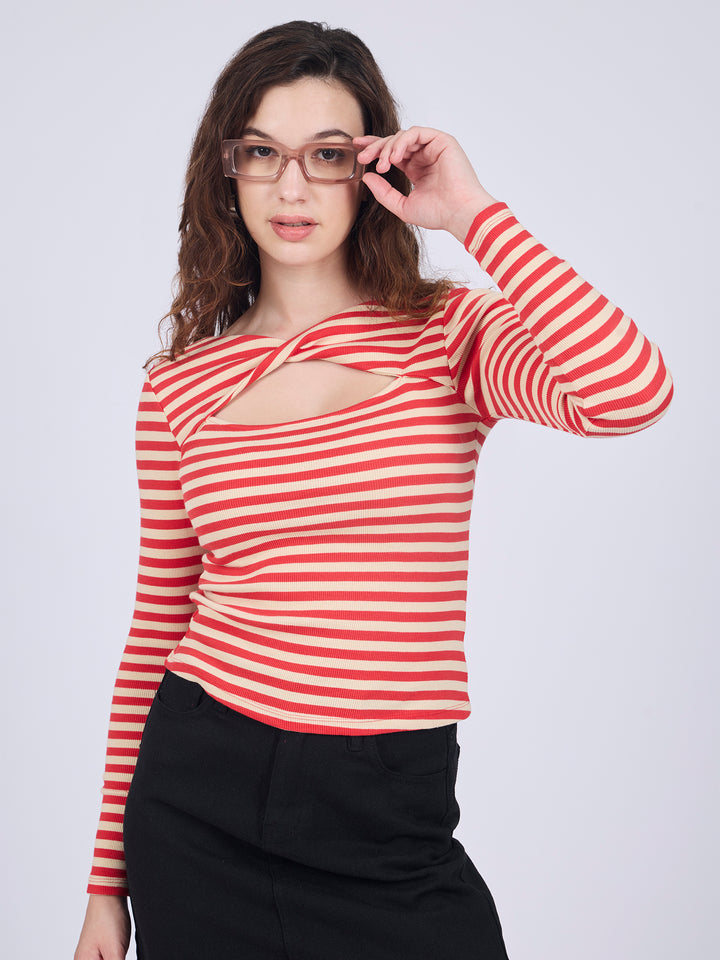 Red Twisted Knit Rib Knit Top