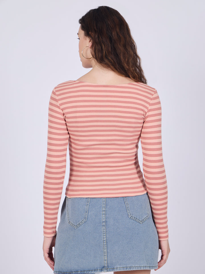 Brown Twisted Knit Rib Knit Top