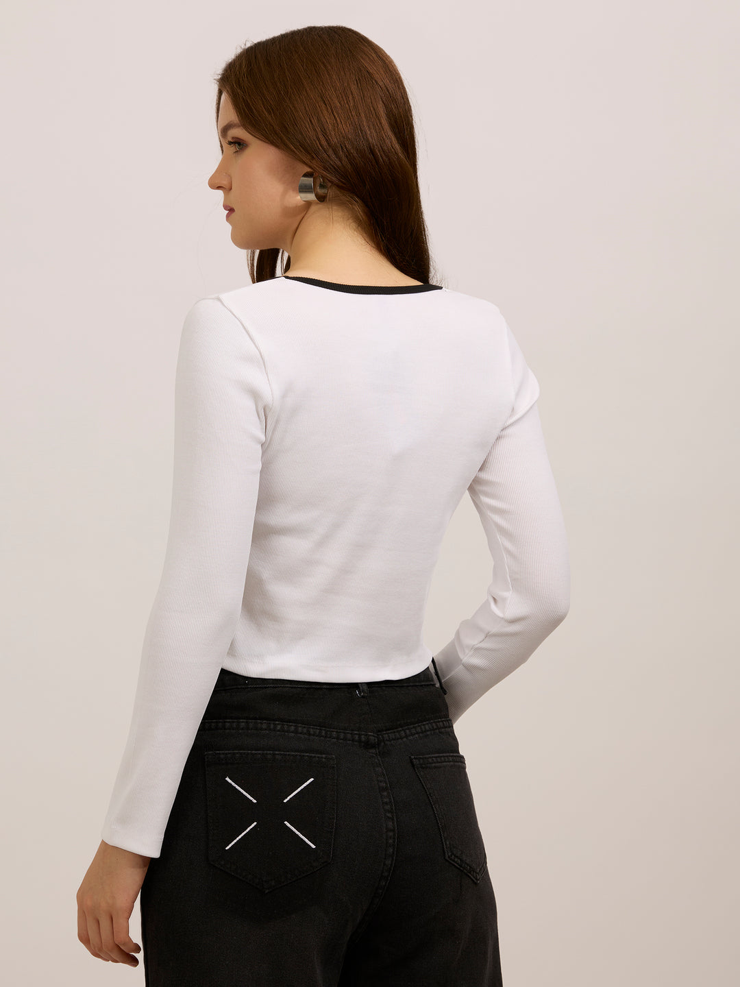 White Contrast Rib Knit Top