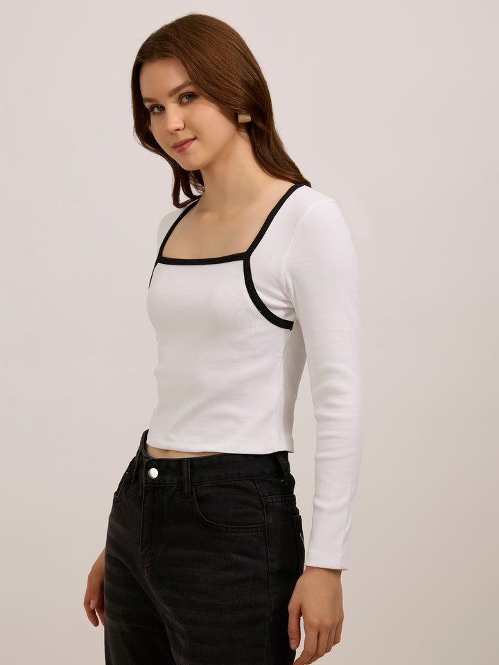 White Contrast Rib Knit Top