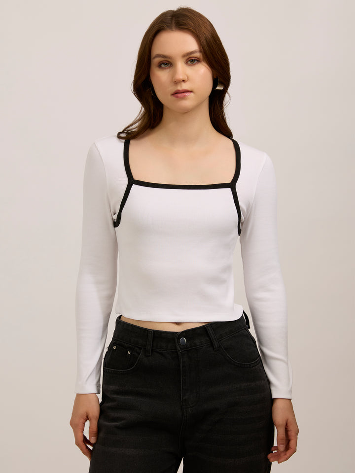White Contrast Rib Knit Top