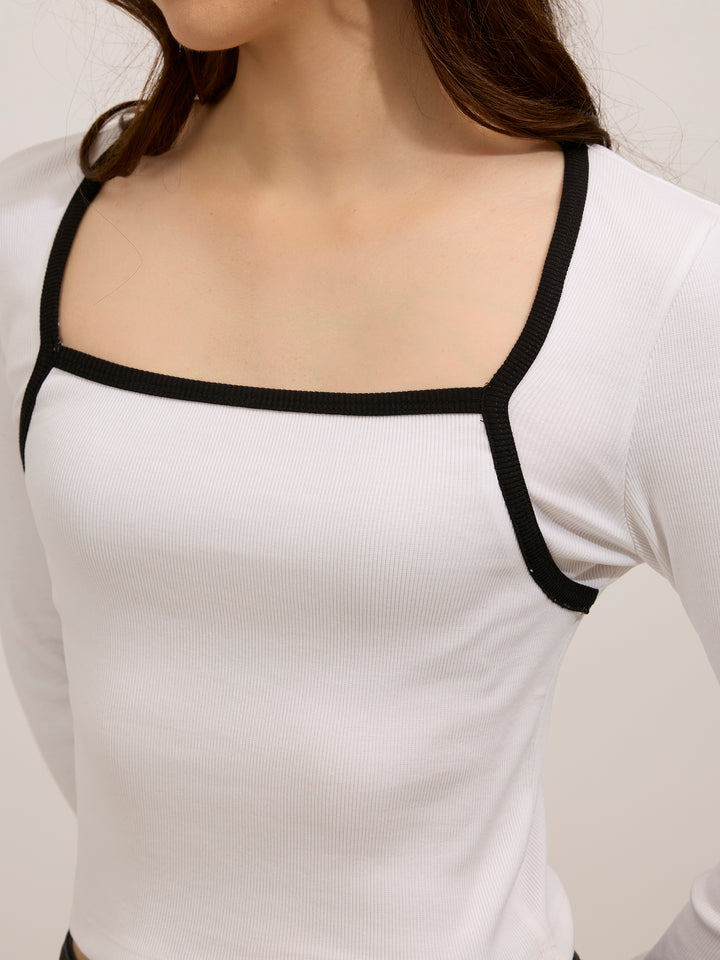 White Contrast Rib Knit Top