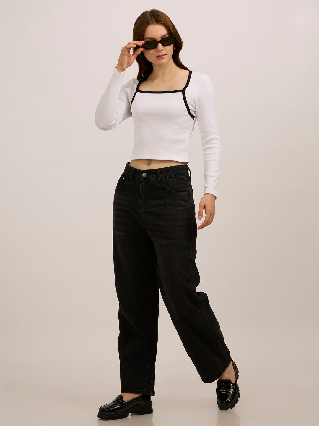 White Contrast Rib Knit Top
