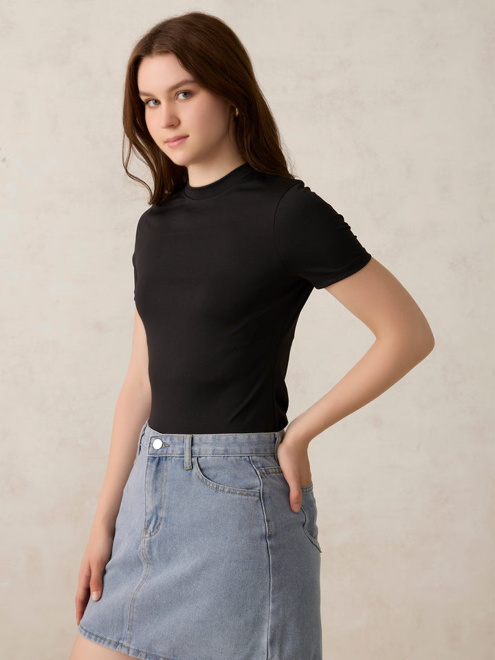 Black Basic Solid Bodysuit
