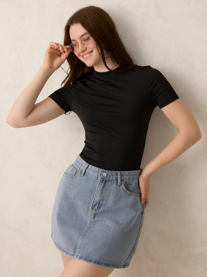Black Basic Solid Bodysuit