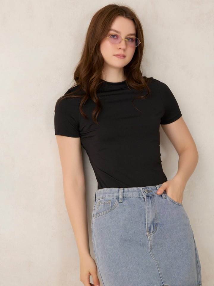 Black Basic Solid Bodysuit