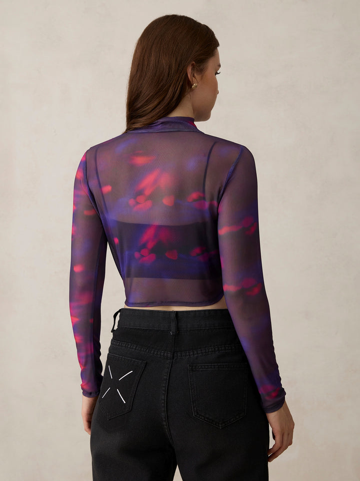 Purple Printed High Neck Mesh Top