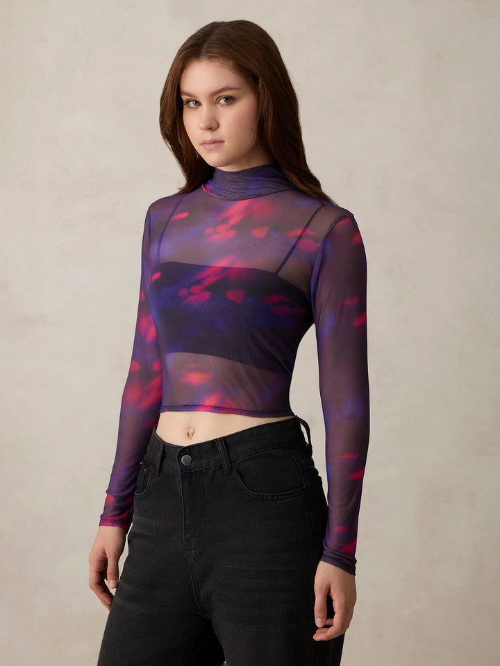Purple Printed High Neck Mesh Top