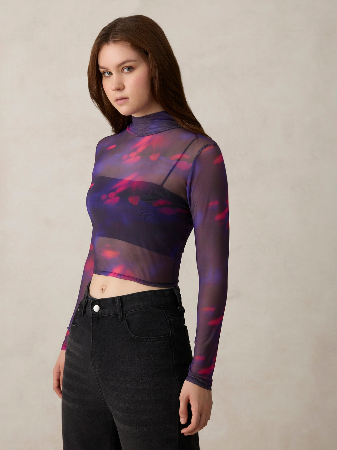 Purple Printed High Neck Mesh Top