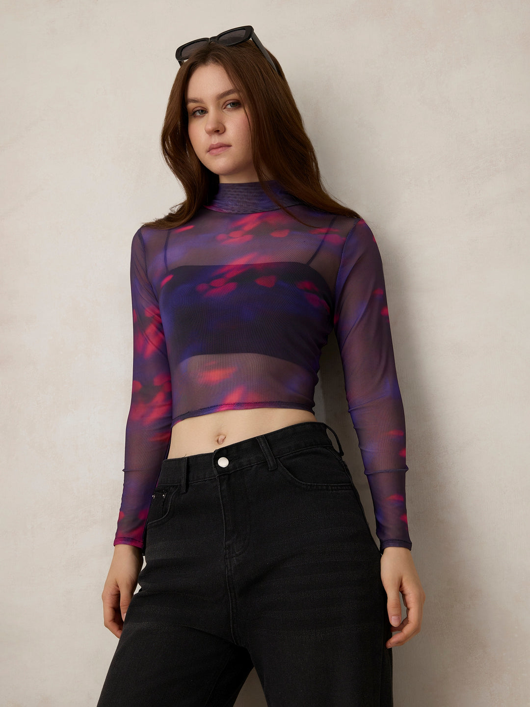 Purple Printed High Neck Mesh Top