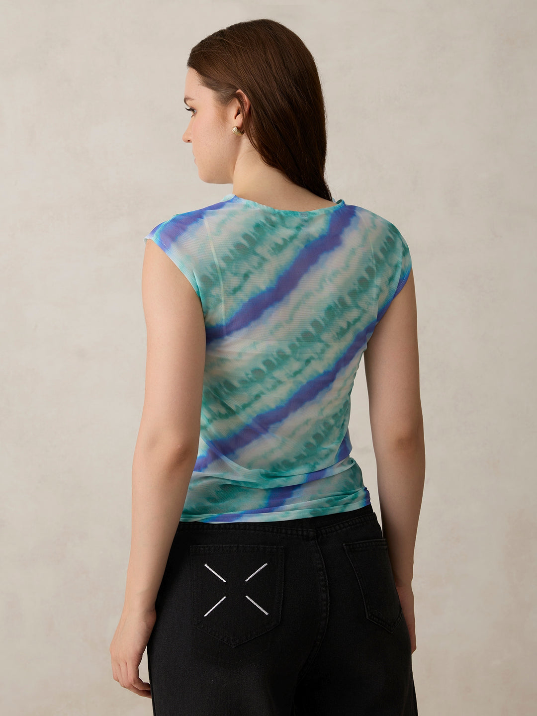 Blue Printed Mesh Top
