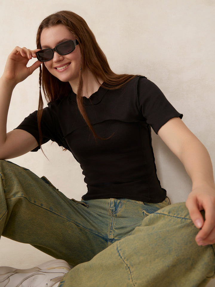 Black Stitch Detail Knit Top