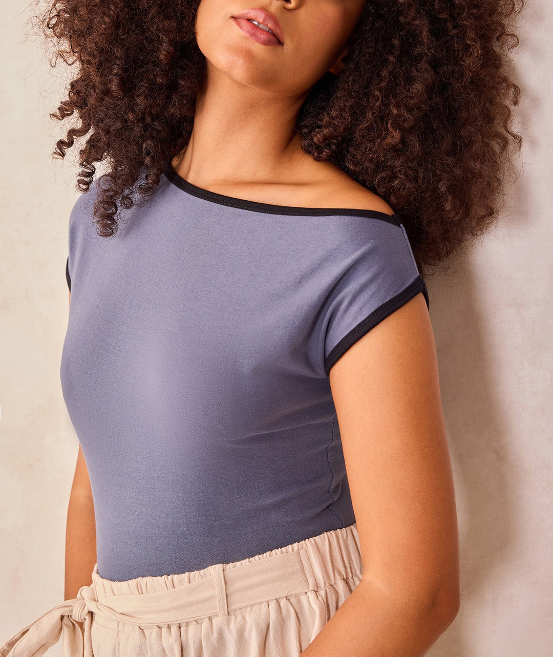 Grey Off-Shoulder Contrast Rib Knit Top