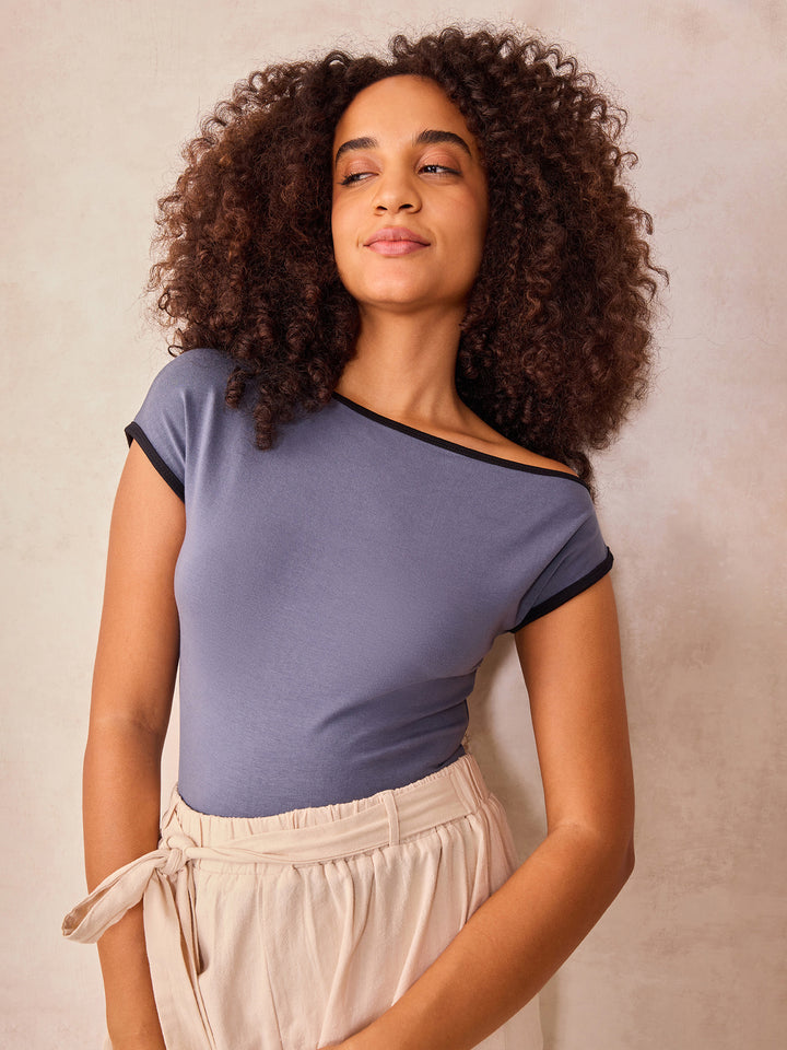 Grey Off-Shoulder Contrast Rib Knit Top