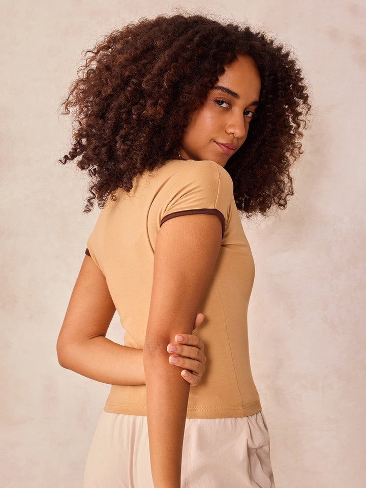 Beige Off-Shoulder Contrast Rib Knit Top