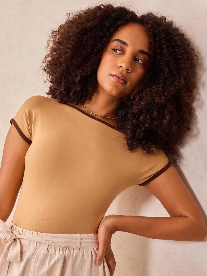 Beige Off-Shoulder Contrast Rib Knit Top