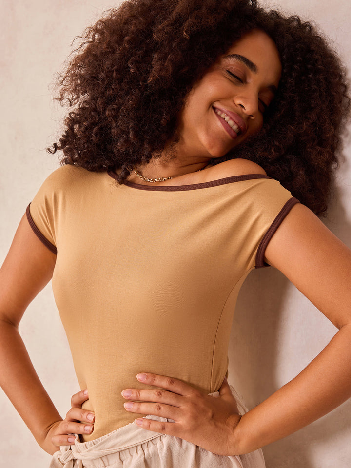 Beige Off-Shoulder Contrast Rib Knit Top