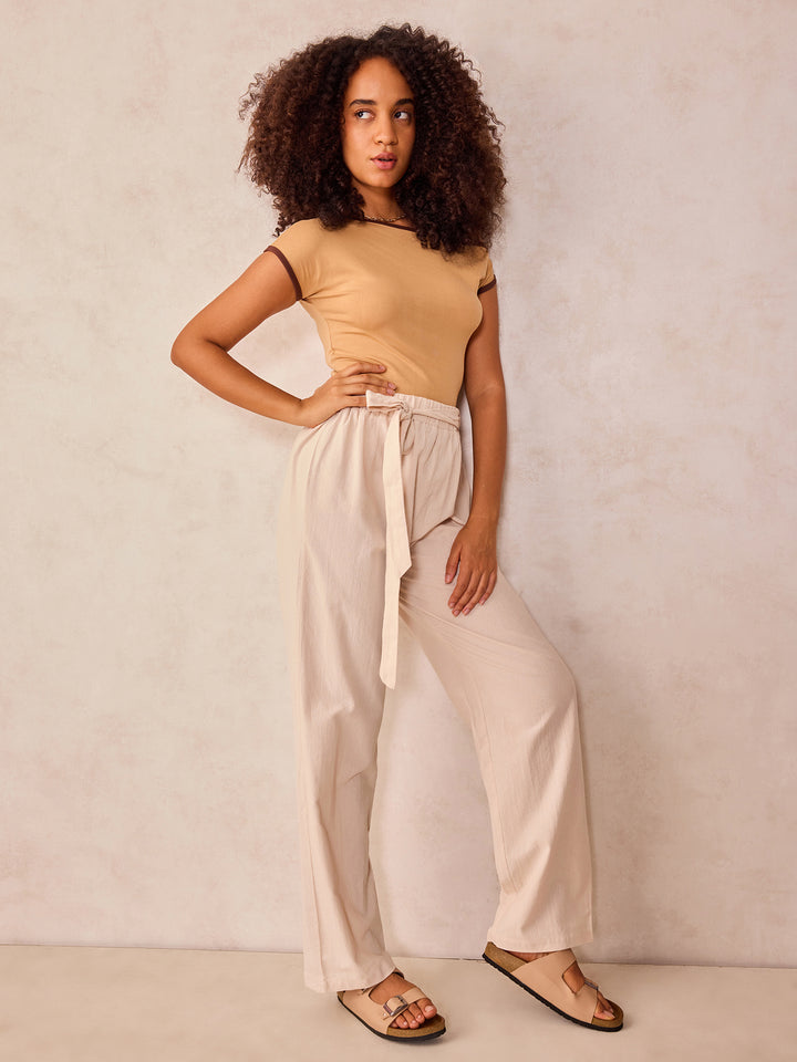 Beige Off-Shoulder Contrast Rib Knit Top
