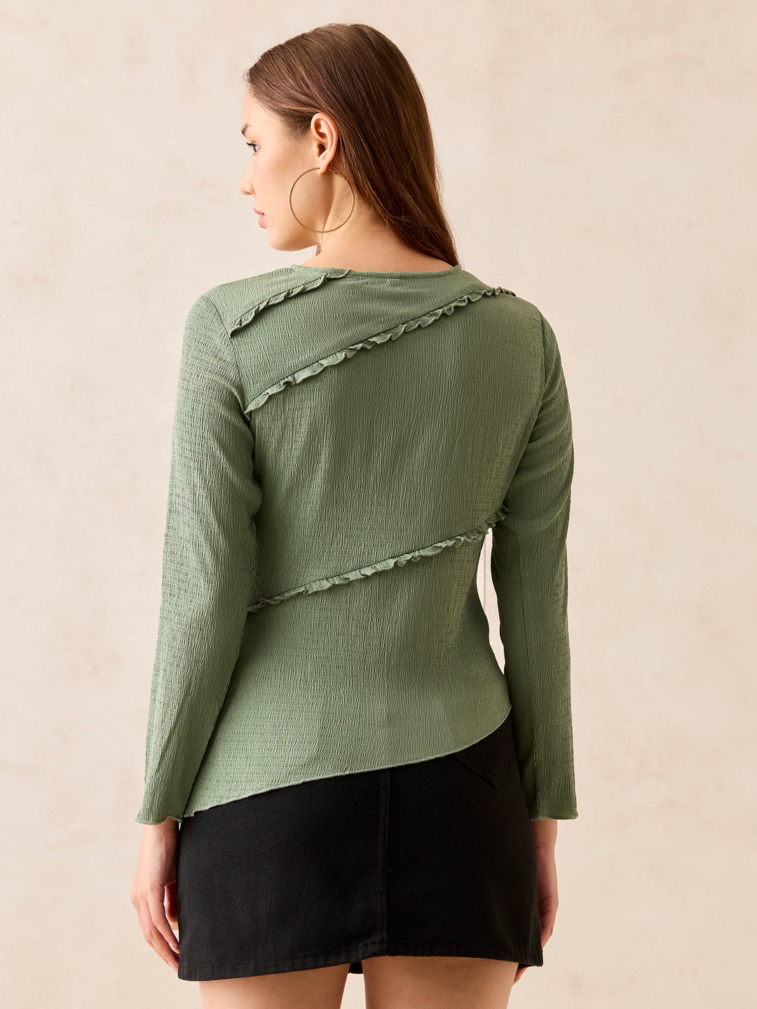 Green Textured Assymetric Hem Knit Top