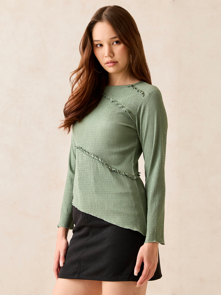 Green Textured Assymetric Hem Knit Top