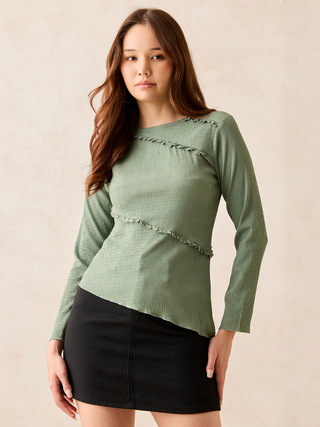 Green Textured Assymetric Hem Knit Top