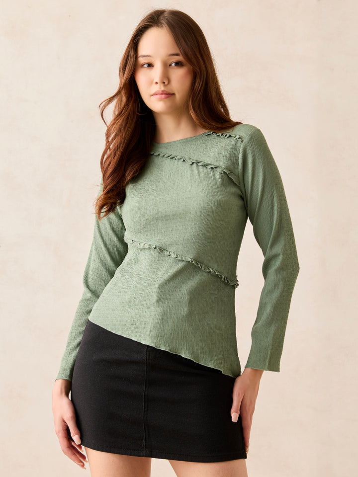 Green Textured Assymetric Hem Knit Top