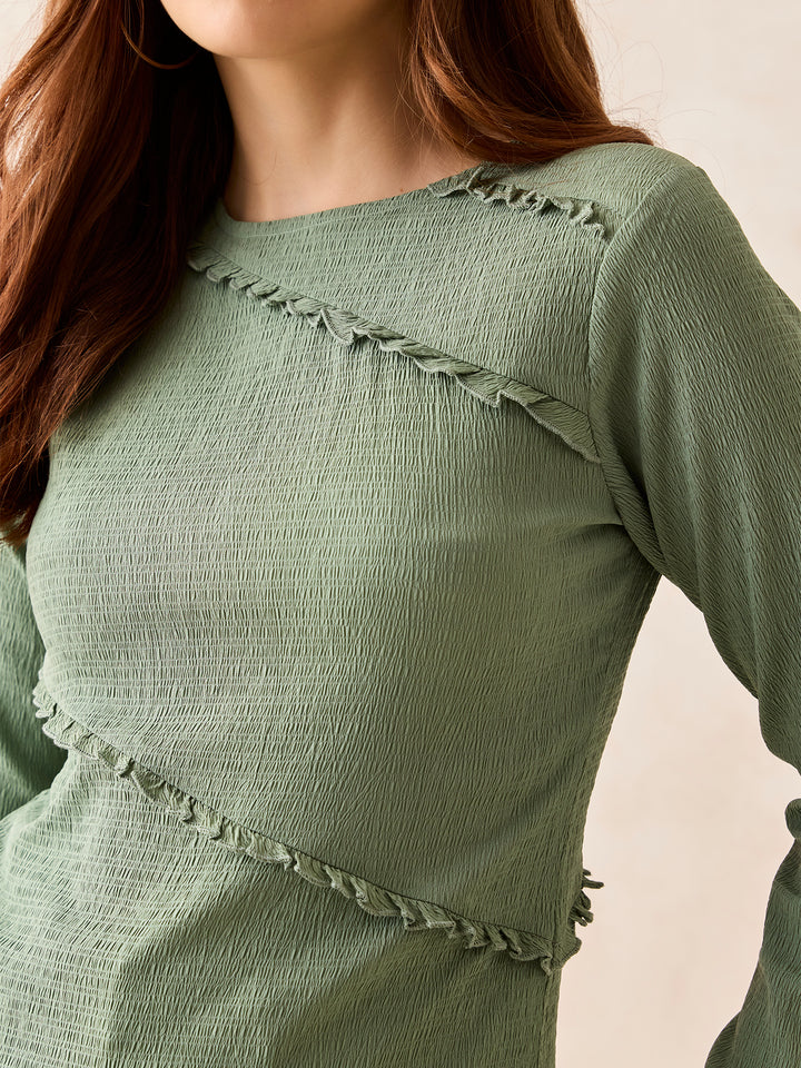 Green Textured Assymetric Hem Knit Top