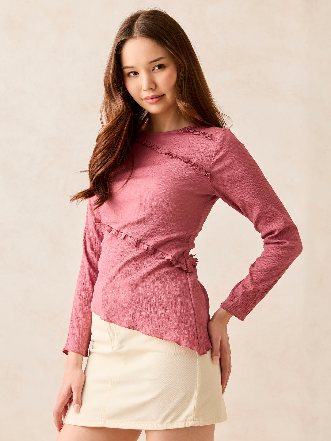 Pink Textured Assymetric Hem Knit Top