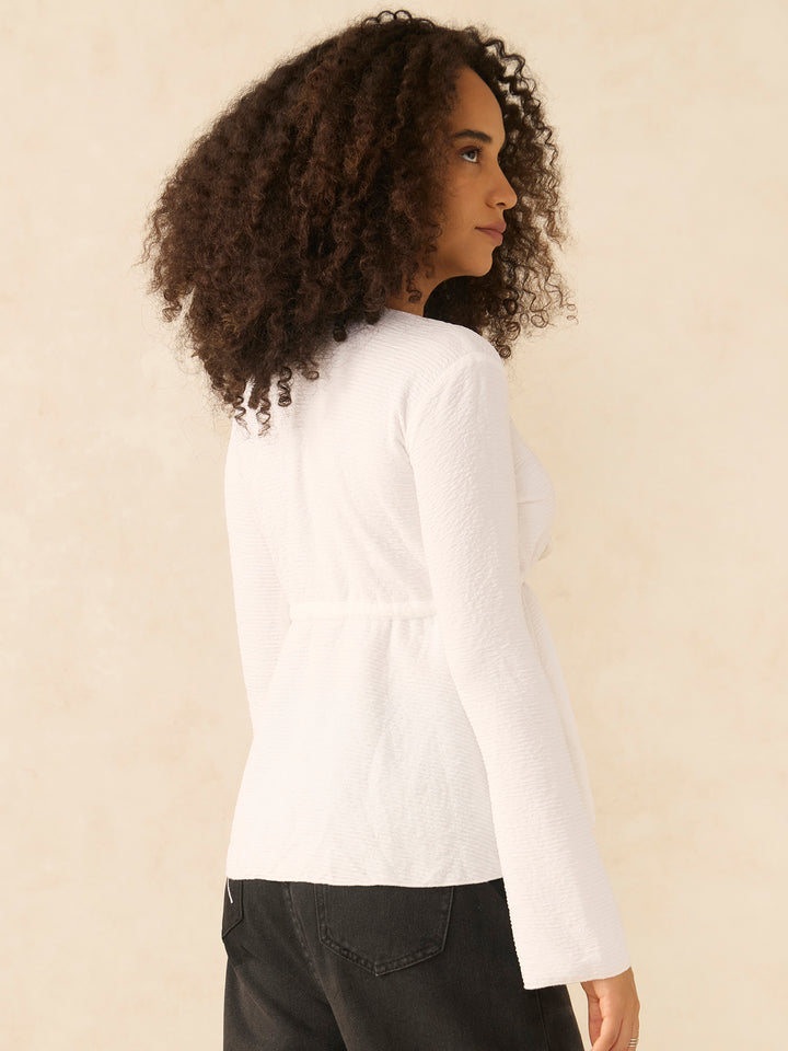 White Deep Round Neck Peplum Top With Full Sleeves