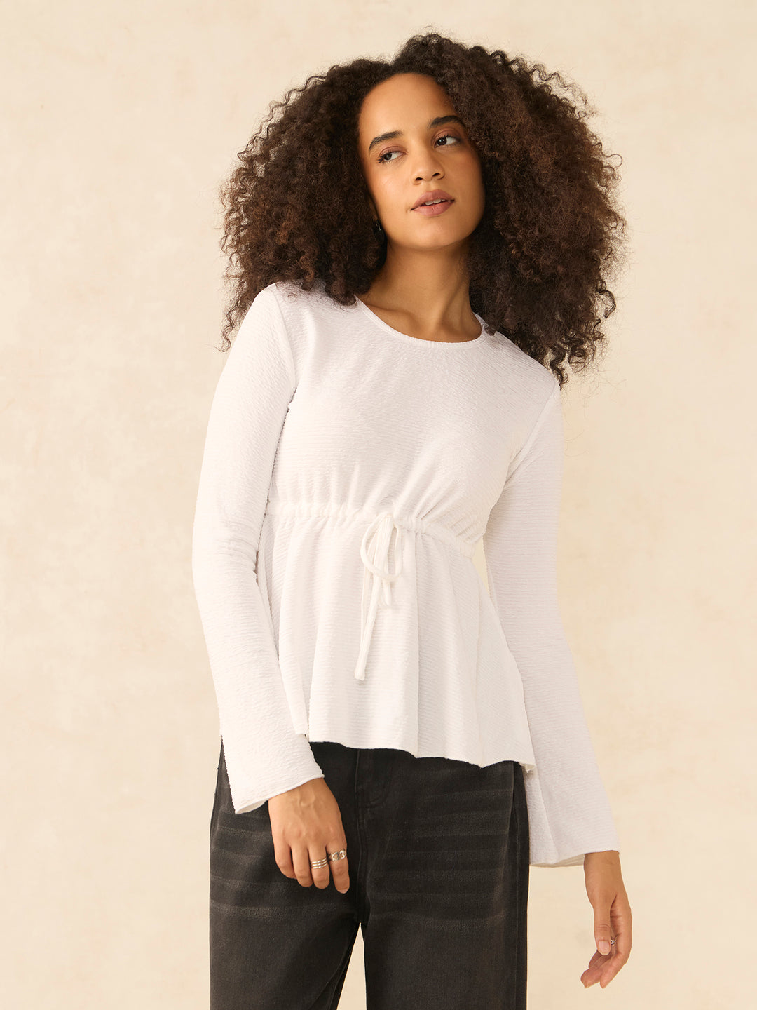 White Deep Round Neck Peplum Top With Full Sleeves