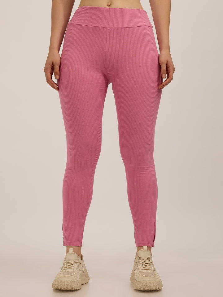Mauve Ribbed Basic Solid Leggings
