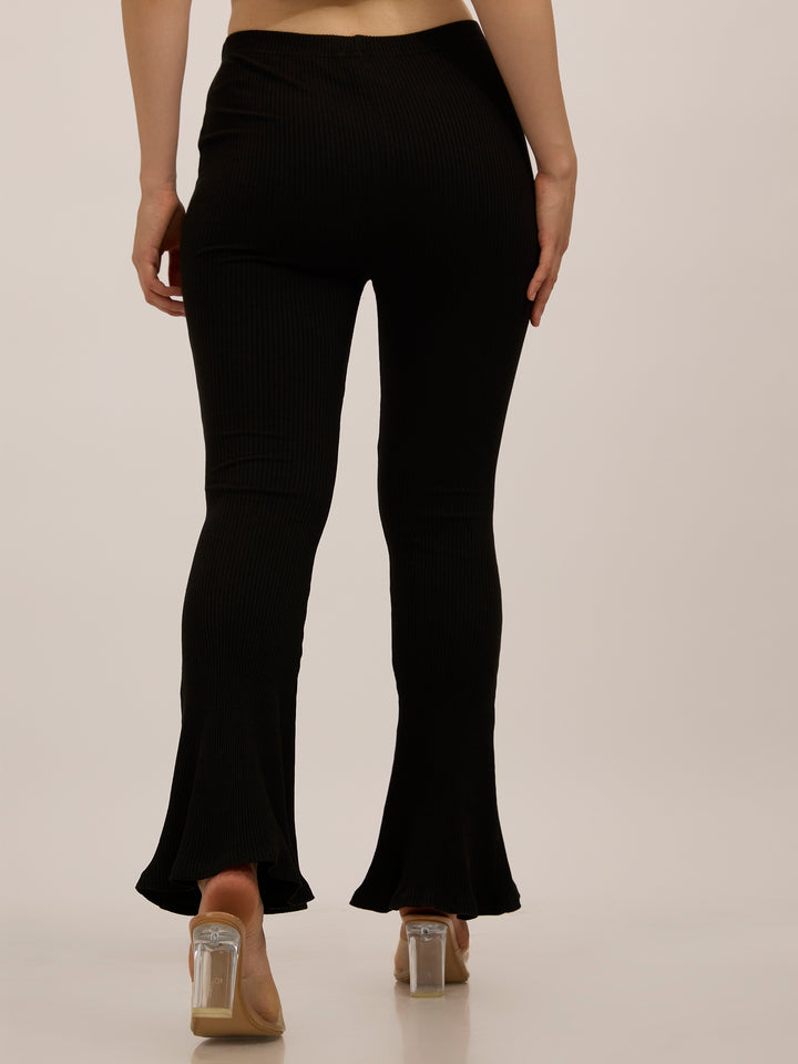 Black Ribbed Basic Flared Leggings