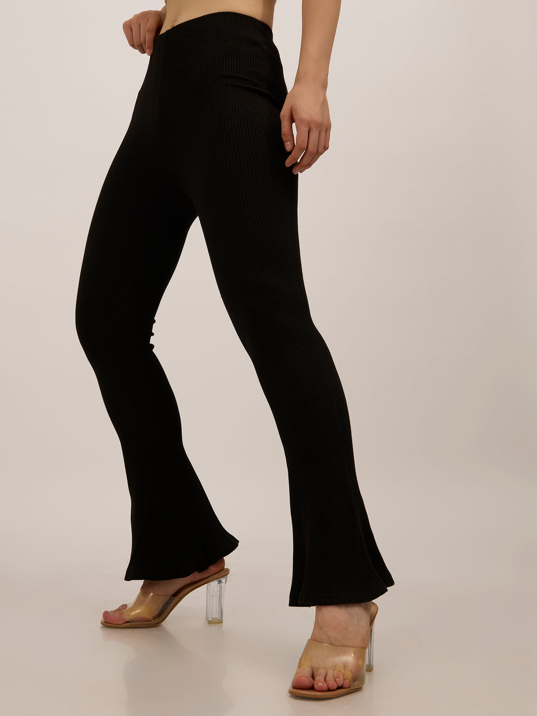 Black Ribbed Basic Flared Leggings
