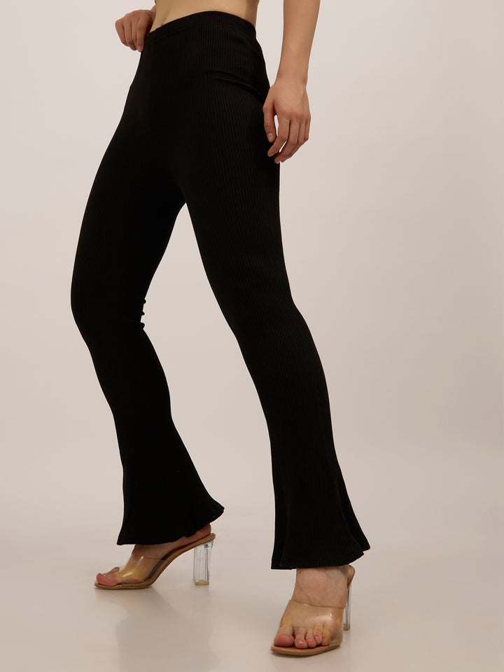 Black Ribbed Basic Flared Leggings