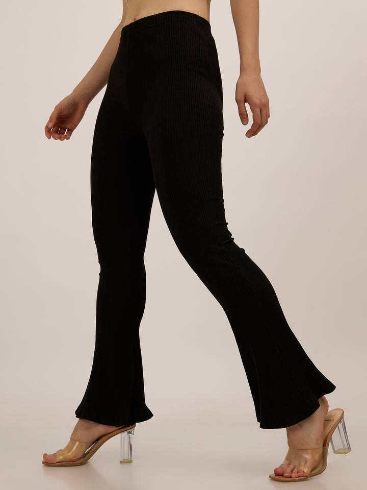 Black Ribbed Basic Flared Leggings