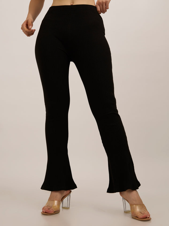 Black Ribbed Basic Flared Leggings