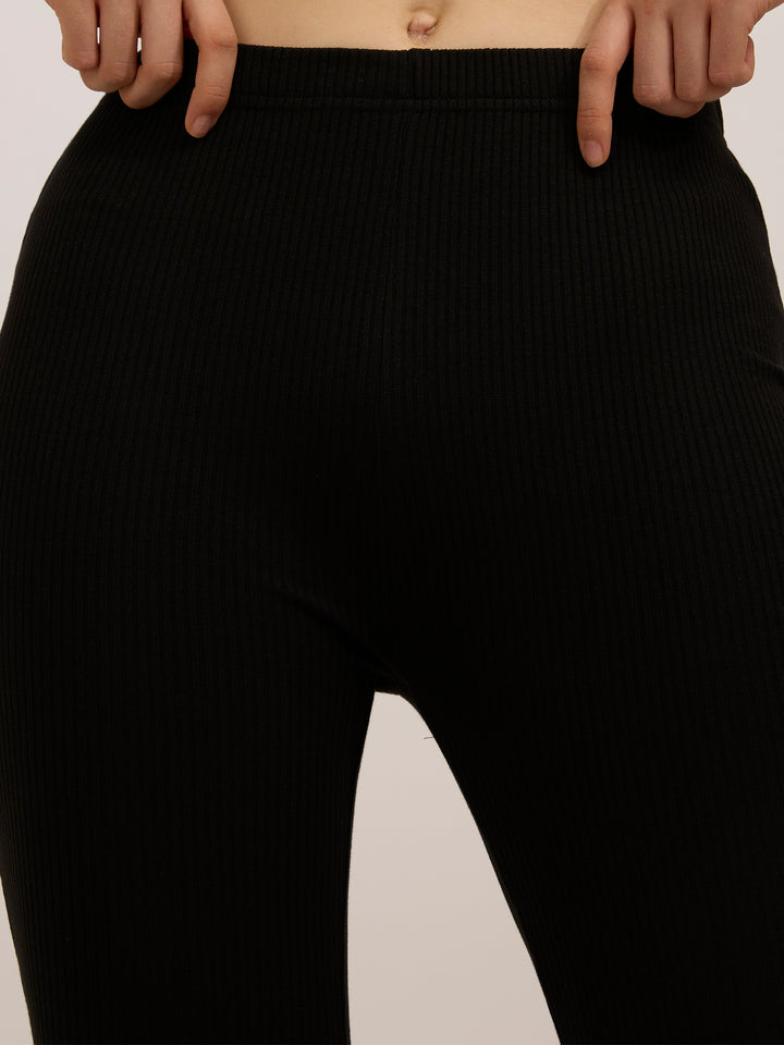 Black Ribbed Basic Flared Leggings